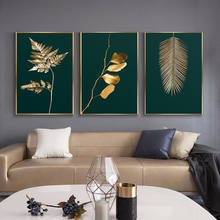 Pintura abstracta dorada con hojas en lienzo, carteles e impresiones de arte moderno para pared, decoración del hogar para sala de estar y dormitorio 2024 - compra barato