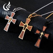 Fongten Vintage Cross Hip Hop Pendant Necklace Black Stainless Steel Wood Gothic Necklaces For Men 2024 - buy cheap