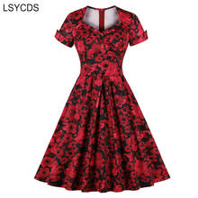 LSYCDS-vestido plisado Midi de flores rojas para mujer, de cintura alta vestido elegante, Retro, Floral, años 50, verano 2020 2024 - compra barato