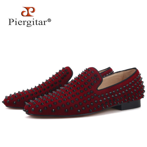 Piergitar handmade burgundy color men velvet shoes with black spikes party and wedding men loafers Italian style smoking slipper 2022 - buy cheap