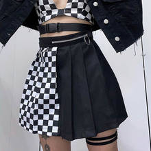 Patchwork Plaid and Pleated Mini Skirts Womens 2021 Y2k Black Chess Style High Waist Plaid Skirt with Zipper New Gothic Clothes 2024 - buy cheap