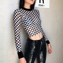 sexy black white plaid checkerboard t-shirts for women Hollow out slim top female t-shirt long sleeve tee shirts 2024 - buy cheap