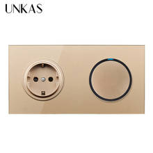UNKAS-interruptor de encendido/apagado de Panel de cristal dorado, indicador LED 16A, toma de corriente de pared estándar UE Rusia, 1 entrada y 1 vía 2024 - compra barato