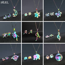 Cartoon Colorful Stainless Steel Jewelry Sets for Women Snowflake Star Moon Butterfly Necklace Earrings Music 26 A-Z Studs 2024 - buy cheap