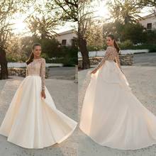 2021 Wedding Dresses Jewel Long Sleeves Lace Appliques Bridal Gowns Button Back Sweep Train A Line Wedding Dress 2024 - buy cheap