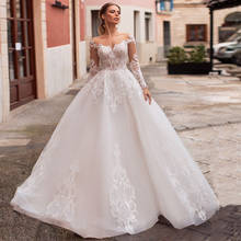 Gorgeous Long Sleeves Wedding Dresses Boat Neck Delicate Applique Illusion Vestido De Novia Ball Gown Bridal Dress 2024 - buy cheap