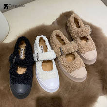 Creepers sapatilhas femininas de lã encaracolada, sapatos planos de inverno mary jane para mulheres, chinelos de lã com fivela 2024 - compre barato