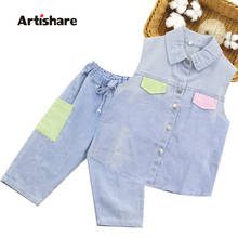 Girls Denim Clothes Patchwork Clothes For Girls Denim Vest + Short Tracksuit Girl Summer Tracksuit Kids 6 8 10 12 14 2024 - buy cheap