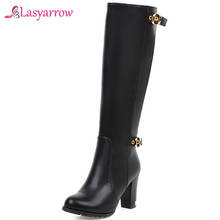 Lasyarrow 2020 new arrival dress party shoes women knee high boots buckle thick high heel shoes autumn winter boots female J1147 2024 - buy cheap