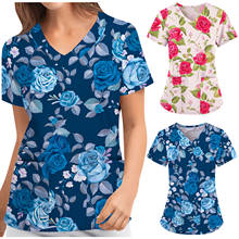 Nurse Uniform Women Floral Rose Print Working Uniform 2021 Summer Casual Working Scrubs Tops uniforme enfermera mujer A40 2024 - buy cheap