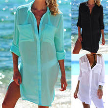 Women Beachwear Swimwear Bikini Beach Wear Cover Ups Shirt Button Ladies Long Sleeve V-neck Pocket Summer Dress Cover Ups 2024 - buy cheap