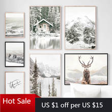 Alps Mountain Winter Snow Scene Tree Deer Wall Art Canvas Painting Prints Nordic Wall Decor Pictures Posters Aesthetic Room Deco 2024 - buy cheap