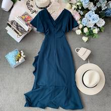 Women Elegant Office Dress New 2020 Fashion Summer Sexy V-neck Irregular Ruffles Dress Ladies Short Sleeve Beach Dress Vestidos 2024 - buy cheap