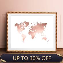 Impresión de mapa del mundo de oro rosa para decoración de oficina, póster de mapa del mundo minimalista moderno, pintura en lienzo para sala de estar, imagen artística para pared del hogar 2024 - compra barato