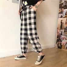 2020 Summer New Fashion Plaid Pants Women Casual Sports Pants Korean Vintage High Waist  Plus Size Student Wide Leg Trousers 2024 - buy cheap