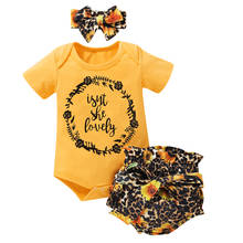 Комплекты одежды для маленьких мальчиков и девочек 0-18 месяцев комплект из 3 предметов: комбинезон с короткими рукавами с леопардовым принтом и подсолнухами + шорты + повязка на голову 2024 - купить недорого
