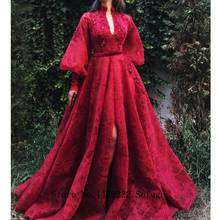 Burgundy High Slit Flowers Fashion Evening Dresses Prom With Belt Puff Sleeves Pleat Vestidos De Fiesta Robe De Soiree Plus Size 2024 - buy cheap