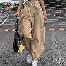 SLLSKY Khaki Oversized Loose Cargo Pants Women Hip Hop Style Adjustable High Waist Ankle-Length Pants Streetwear Female Trouser 2024 - buy cheap