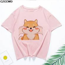 Camiseta de cachorro engraçada, camiseta feminina fofa de kawaii shiba inu, estampa de presente, camiseta rosa, verão solta, camiseta harajuku, roupas da rua, camisetas 2024 - compre barato