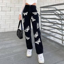 Fashion High Waist Butterfly Print Jeans Pants Stylish Women Straight Leg Trousers Autumn New Lady Button Denim Trousers Black 2024 - buy cheap