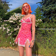 Women Lace Up Cherry Dot Print Sexy Dress Slip Cute Girl Pink Mini Vestidos Sleeveless V Neck Bodycon Femme Spaghetti Strap 2024 - buy cheap