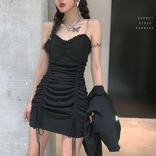 Women Sexy Dress Goth Style Strapless Pleated Chain Strap Backless Female Mini Dresses Black White Drawstring Retro Slim Ins 2024 - buy cheap