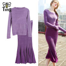 Tingfly Runway Fashion Women 2 pc Dress Sets Purple Knitted Sweater Pullovers + Elegant Mermaid Midi Skirts Sets Fitness Sets 2024 - buy cheap