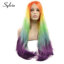 Sylvia Радужный Омбре разноцветные синтетические парики на шнурках спереди длинные шелковистые прямые средняя часть термостойкие волокна волос для женщин 2024 - купить недорого