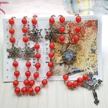 QIGO Religious Prayer Jewelry Long Red Acrylic Vintage Cross Rosary Necklace Long For Women 2024 - buy cheap