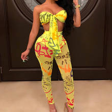 Sexy Strapless Graffiti Print Mesh Two Piece Sets Bandage Sleeveless Crop Top With Pants Women Casual Streetwear Club Outfits 2024 - buy cheap