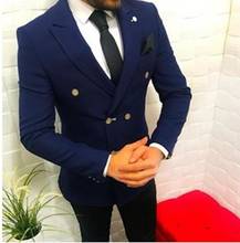 Fashionable Navy Double Breasted Groom Tuxedos Sim Fits Men Business Suits Office Workwear Sets (Jacket+Pants+Tie) W:973 2024 - buy cheap