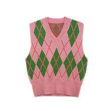 Sweater Vest Women Knitted Rhombus Pink V-Neck Sweaters Vests Womens Harajuku Korean Preppy Style Fashion Casual Chic Sleeveless 2024 - buy cheap