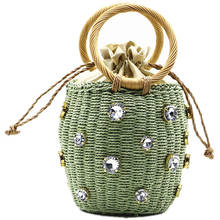 Bolsa de vime feminina, bolsa de mão pequena de vime com diamantes, sacola de tecido de vime, moda praia, verão, bolsas de palha 2024 - compre barato