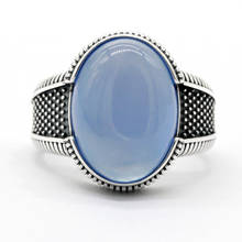 2020 New Real  925 Sterling Silver Men's Ring with Big Natural Blue Agate Stone Vintage Simple Male Rings Turkish Jewelry Gift 2024 - buy cheap