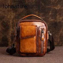 Johnature-Bolso Retro de cuero genuino para hombre, bandolera de hombro multifuncional, de negocios, Color sólido, primera capa, 2021 2024 - compra barato