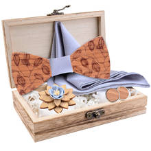 1920s Wood BowTie Handkerchief Brooch Set Men's Wooden Bowtie With Cufflink Floral Design Wood Box Fashion Novelty Men Neck Ties 2024 - buy cheap