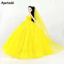 Ropa de moda amarilla para muñeca Barbie, vestido de noche de cola larga de alta calidad, vestidos de novia + velo, accesorios para muñecas 1/6 2024 - compra barato