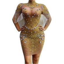 Sparkly Rhinestones Fringe Crystals Gold Mesh Dress Women Evening Party Dresses Birthday Celebrate Outfit Long Sleeve Vestidos 2024 - buy cheap