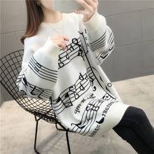 Outono novo feminino manga longa o-pescoço notas de música imprimir médio longo solto camisola de malha jumper pullovers malhas topos 2024 - compre barato