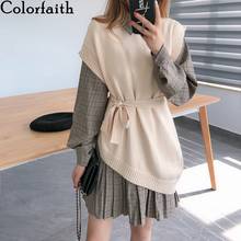 Colorfaith 2021 New Autumn Winter Woman 2 Pieces Sets Knitted Vest Plaid Pleated Dresses Lace Up Elegant Ladies Suits WS1147JX 2024 - buy cheap