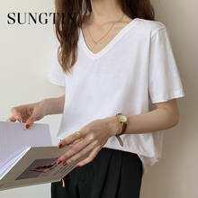 Sungtin V Neck T Shirts Women Loose Soft Korean Chic Tops Female 2022 New Solid Regular Black Elegant Basis T Shirt Summer BF 2024 - buy cheap