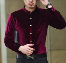 Camisa de moda de lujo para hombre, camisa Formal de seda con cuello levantado, de terciopelo negro, rojo y azul, camisas ajustadas, envío directo 2024 - compra barato