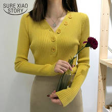 Пуловер женский трикотажный с длинным рукавом, V-образным вырезом и пуговицами 2024 - купить недорого