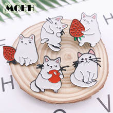 Desenhos animados bonito animal branco gato esmalte broche frutas morango maçã liga emblema pino roupas saco acessório moda mulher jóias 2024 - compre barato