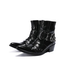 Mens Patent Genuine Leather Black Zip Boots Elegant Black Boss Ankle Boots Cool Male Dress Cowboy Shoes Italian Outdoor Winter 2024 - buy cheap