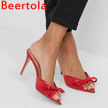 Vermelho preto rebanho arco-nó chinelos femininos mules senhoras de alta qualidade sapatos apontou dedo do pé chinelo bombas femininas dois estilo grande tamanho 2024 - compre barato
