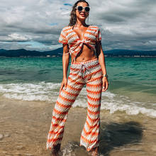 2021 New 2PCS/SET Beachwear Sexy women hollow out Geometric printed crop top+long pants Bikini swimsuit cover-ups 2024 - buy cheap