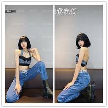 kpop TWICE EXO IU stage show same sexy slim sleeveless strapless halter vest tops+blue loose High waist jeans women 2 piece set 2024 - buy cheap
