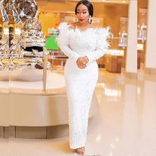 Dubai Arabic Feathers Beaded Evening Dresses 2021 New Off the Shoulder Long Sleeves Black Women Prom Dress Luxury robe de soirée 2024 - buy cheap