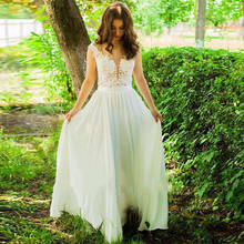 Vestido De novia de corte en A, escote redondo, sin mangas, blanco, marfil, con apliques, largo, De gasa 2024 - compra barato